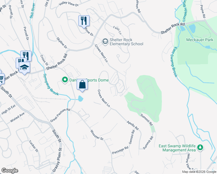 map of restaurants, bars, coffee shops, grocery stores, and more near 27 Crows Nest Lane in Danbury
