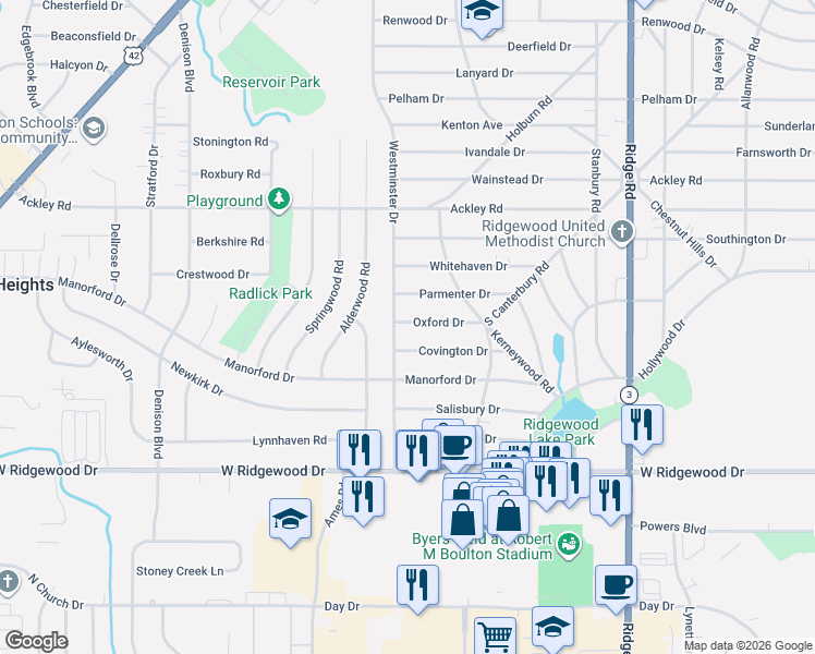 map of restaurants, bars, coffee shops, grocery stores, and more near 6406 Westminster Drive in Parma