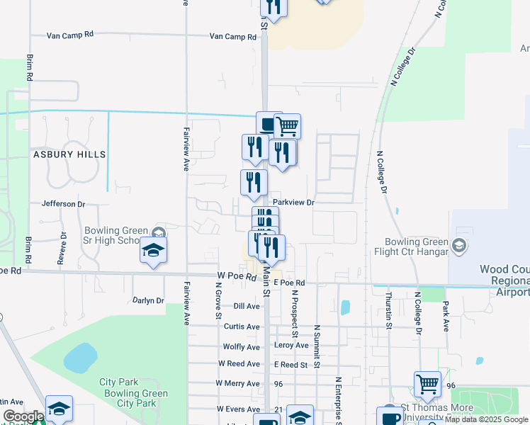 map of restaurants, bars, coffee shops, grocery stores, and more near 1047 North Main Street in Bowling Green