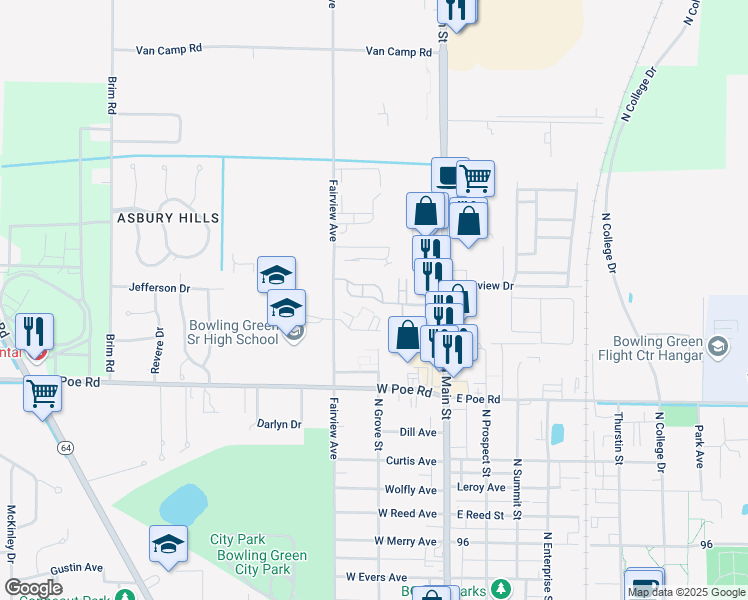map of restaurants, bars, coffee shops, grocery stores, and more near 1082 Fairview Avenue in Bowling Green