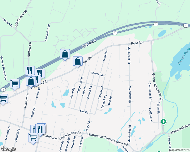 map of restaurants, bars, coffee shops, grocery stores, and more near 173 Juniper Road in South Kingstown