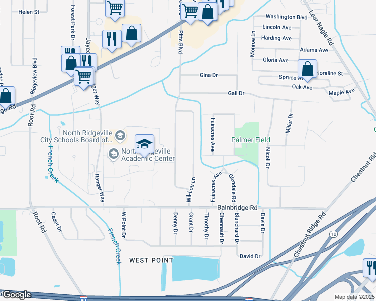 map of restaurants, bars, coffee shops, grocery stores, and more near 7064 Wil-Lou Lane in North Ridgeville