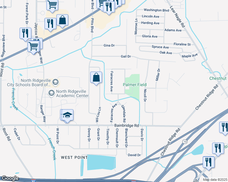 map of restaurants, bars, coffee shops, grocery stores, and more near 6904 Fairacres Avenue in North Ridgeville