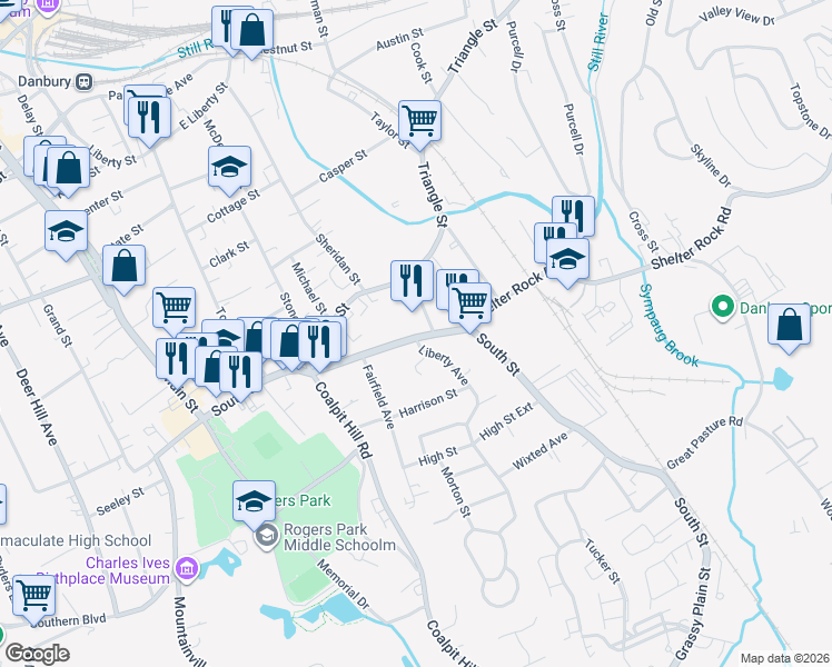 map of restaurants, bars, coffee shops, grocery stores, and more near 57 South Street in Danbury