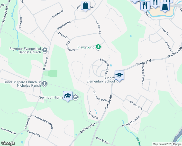 map of restaurants, bars, coffee shops, grocery stores, and more near 42 Greenwood Circle in Seymour