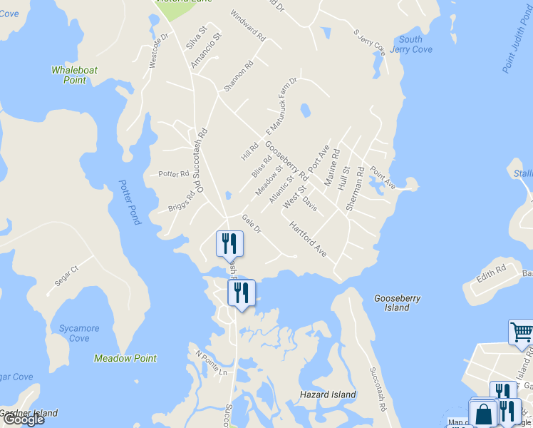 map of restaurants, bars, coffee shops, grocery stores, and more near 86 Atlantic Street in South Kingstown