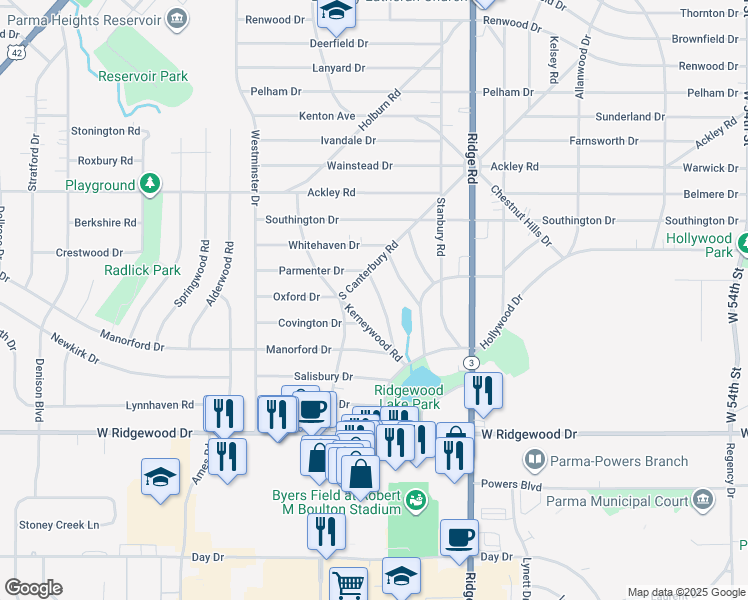map of restaurants, bars, coffee shops, grocery stores, and more near 6434 Keltonshire Road in Parma