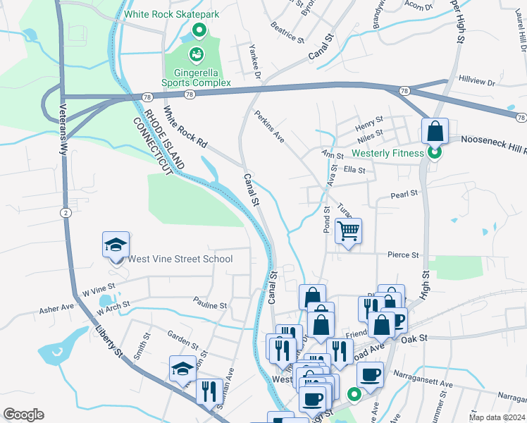 map of restaurants, bars, coffee shops, grocery stores, and more near 99 Canal Street in Westerly