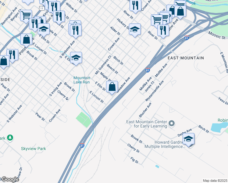 map of restaurants, bars, coffee shops, grocery stores, and more near 1016 Meadow Avenue in Scranton