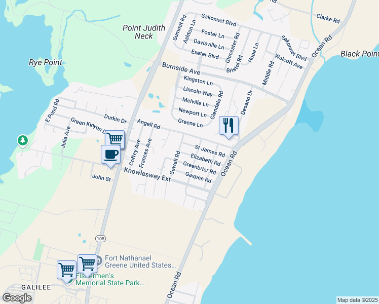 map of restaurants, bars, coffee shops, grocery stores, and more near 43 Saint James Road in Narragansett