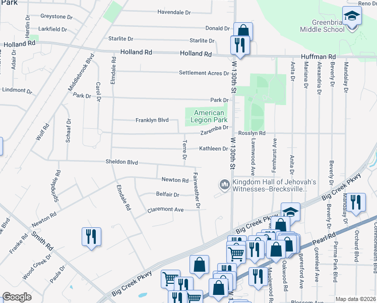 map of restaurants, bars, coffee shops, grocery stores, and more near 6380 Terre Drive in Brook Park