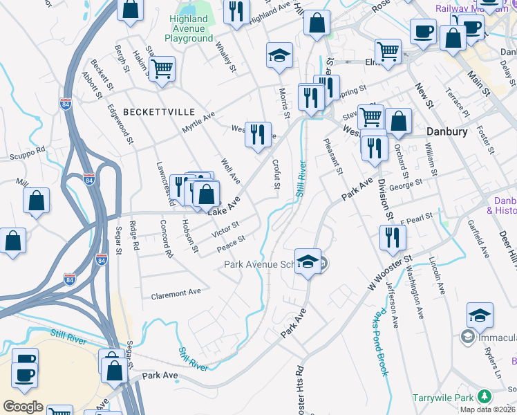 map of restaurants, bars, coffee shops, grocery stores, and more near 38 Lake Avenue in Danbury