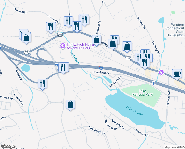 map of restaurants, bars, coffee shops, grocery stores, and more near 81 Greenlawn Drive in Danbury