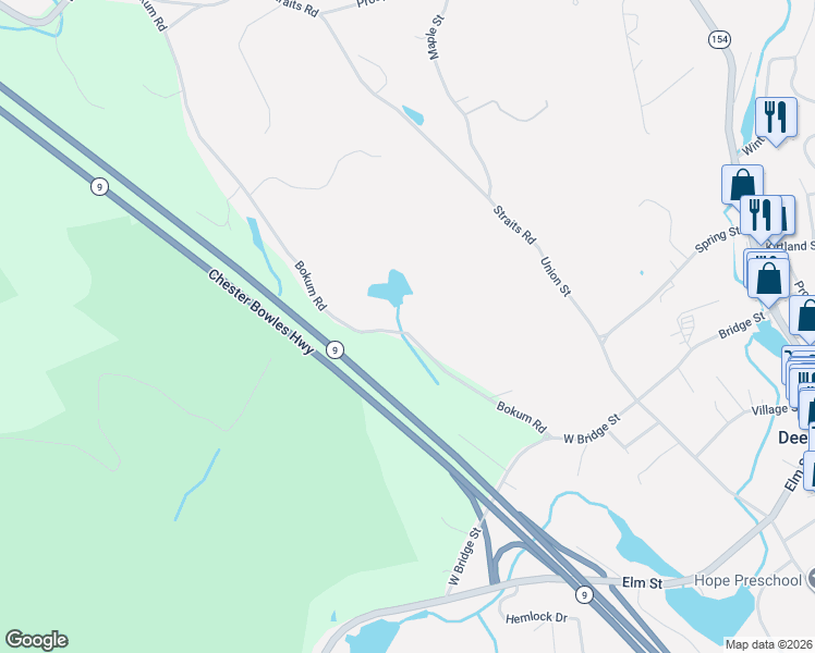 map of restaurants, bars, coffee shops, grocery stores, and more near 78 Bokum Road in Deep River