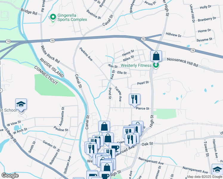 map of restaurants, bars, coffee shops, grocery stores, and more near 29 Pond Street in Westerly