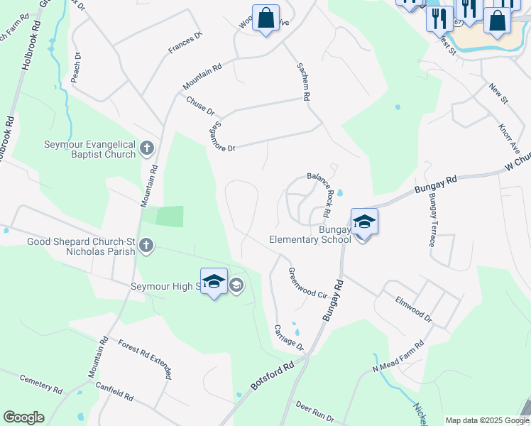 map of restaurants, bars, coffee shops, grocery stores, and more near 42 Greenwood Circle in Seymour