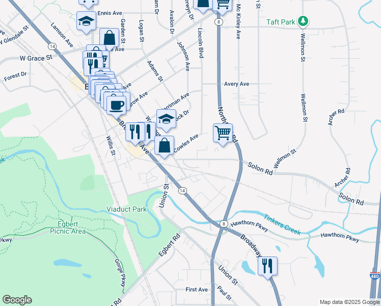 map of restaurants, bars, coffee shops, grocery stores, and more near 93 Cowles Avenue in Bedford