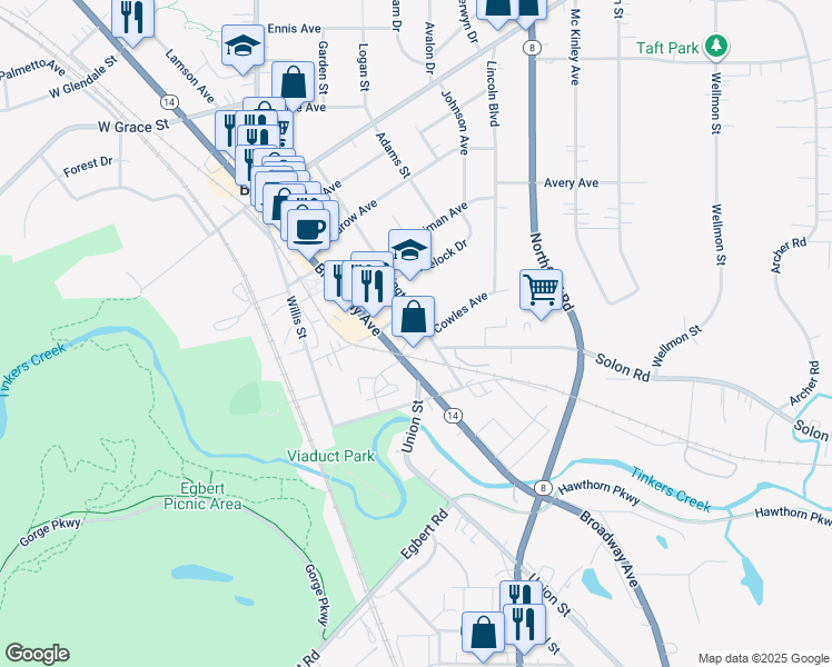 map of restaurants, bars, coffee shops, grocery stores, and more near 34 East Monroe Street in Bedford