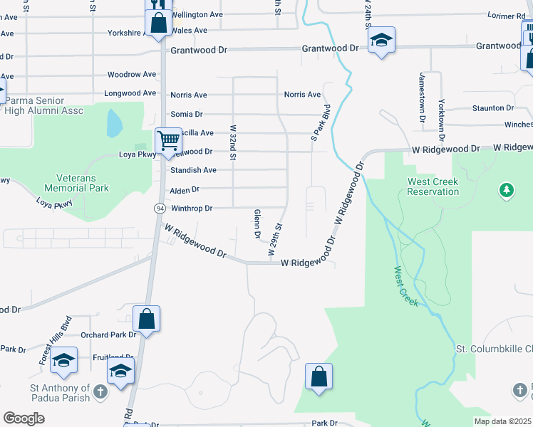 map of restaurants, bars, coffee shops, grocery stores, and more near 2956 Winthrop Drive in Parma