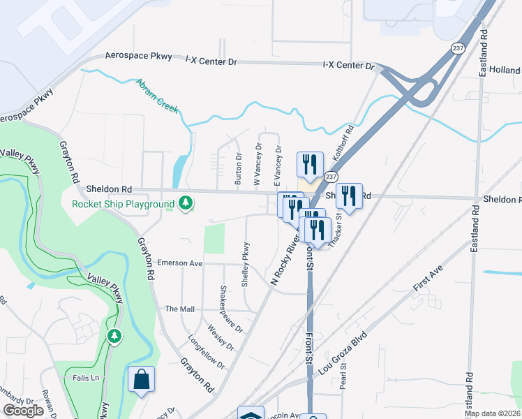 map of restaurants, bars, coffee shops, grocery stores, and more near 93 Sheldon Road in Berea