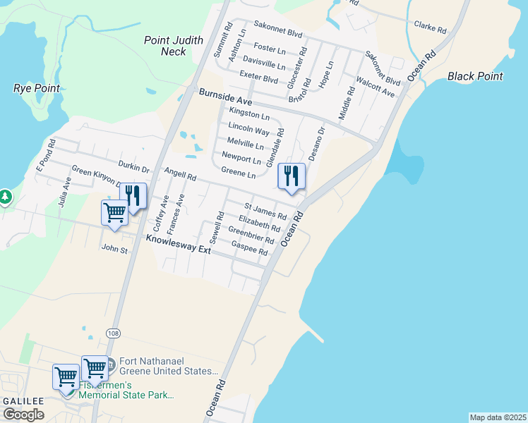 map of restaurants, bars, coffee shops, grocery stores, and more near Saint James Road in Narragansett