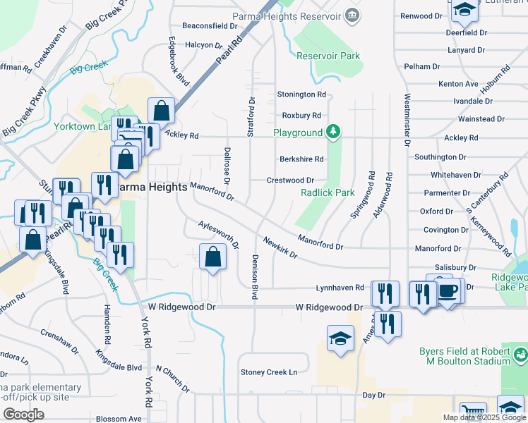 map of restaurants, bars, coffee shops, grocery stores, and more near 9670 Manorford Drive in Cleveland