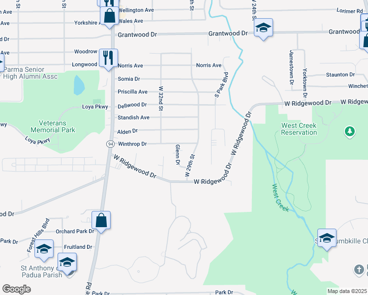 map of restaurants, bars, coffee shops, grocery stores, and more near 2956 Winthrop Drive in Parma
