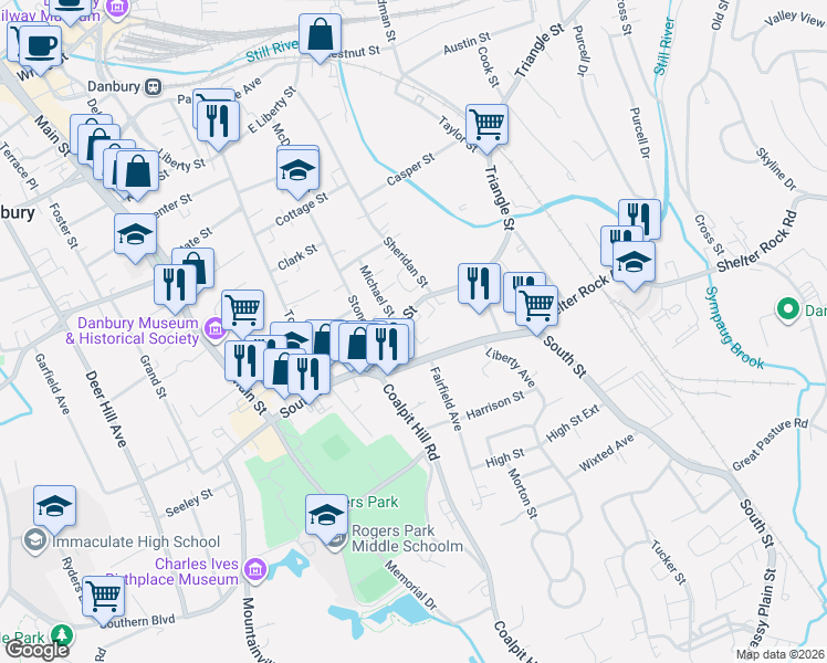 map of restaurants, bars, coffee shops, grocery stores, and more near 18 Triangle Street in Danbury