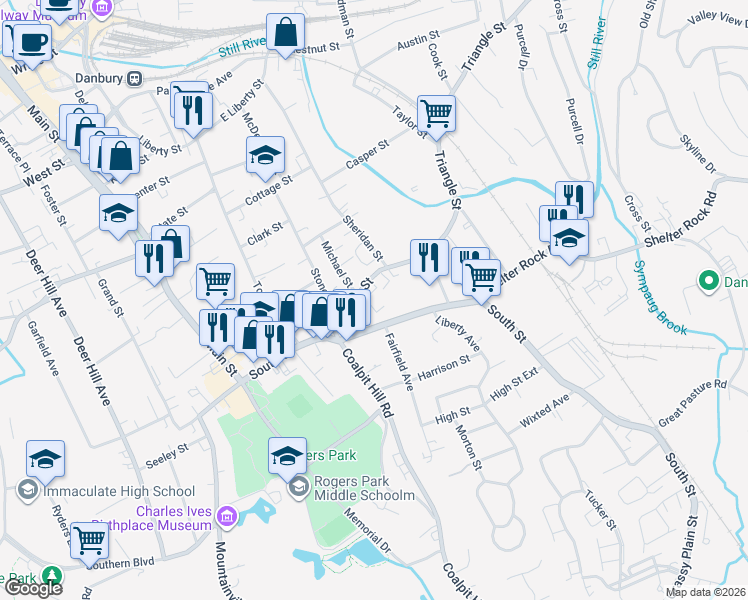 map of restaurants, bars, coffee shops, grocery stores, and more near 24 Triangle Street in Danbury