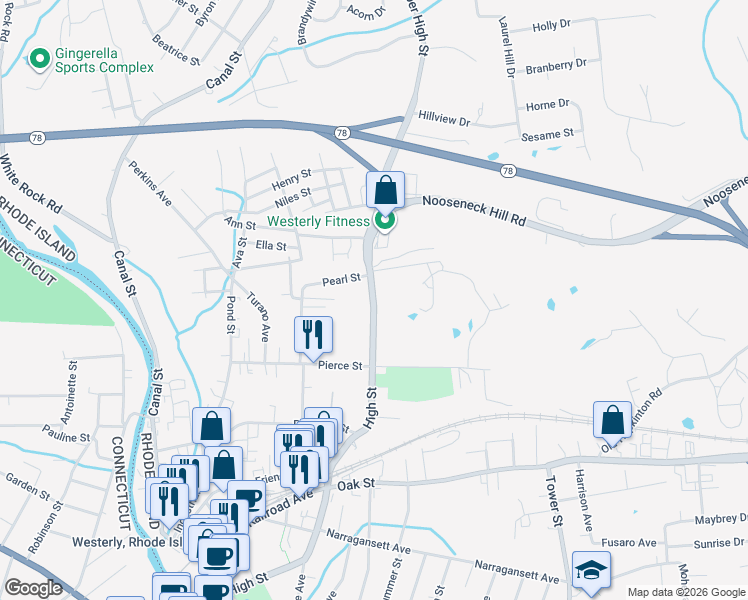 map of restaurants, bars, coffee shops, grocery stores, and more near High Street in Westerly