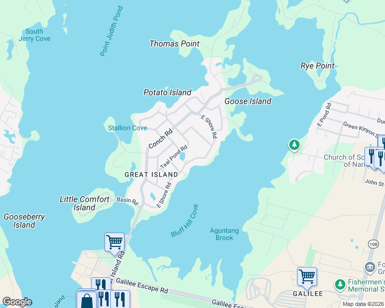 map of restaurants, bars, coffee shops, grocery stores, and more near 45 Teal Pond Road in Narragansett