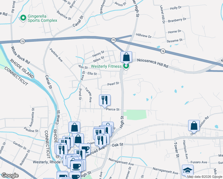 map of restaurants, bars, coffee shops, grocery stores, and more near 47 Pearl Street in Westerly