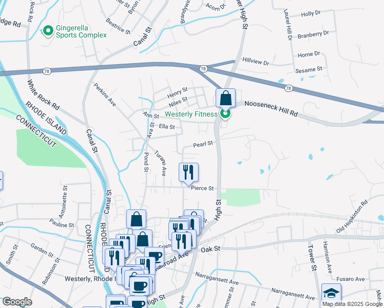 map of restaurants, bars, coffee shops, grocery stores, and more near 34 Pearl Street in Westerly