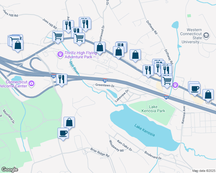 map of restaurants, bars, coffee shops, grocery stores, and more near 27 Pondview Terrace in Danbury