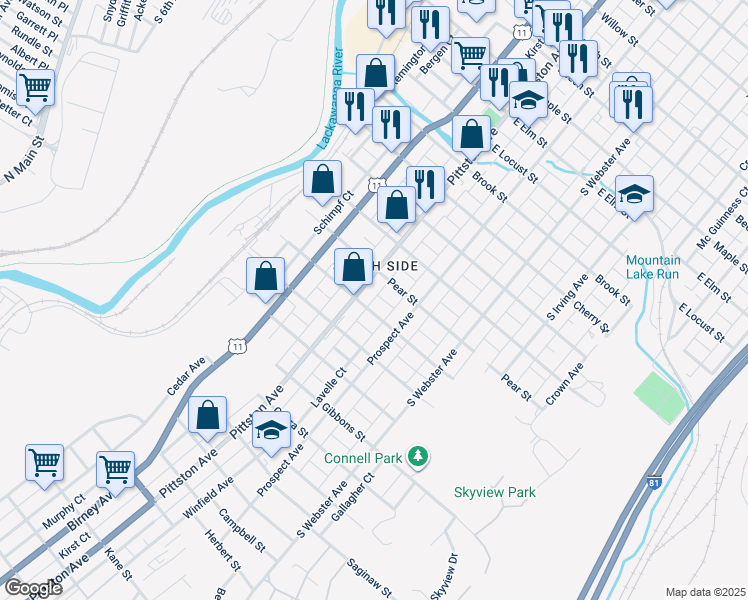 map of restaurants, bars, coffee shops, grocery stores, and more near Hamm Court in Scranton