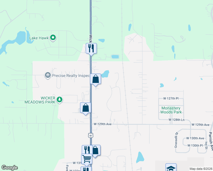 map of restaurants, bars, coffee shops, grocery stores, and more near 12607 Wicker Avenue in Cedar Lake