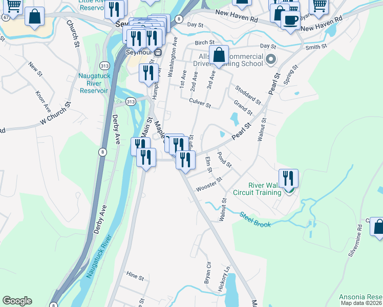 map of restaurants, bars, coffee shops, grocery stores, and more near 77 Pearl Street in Seymour