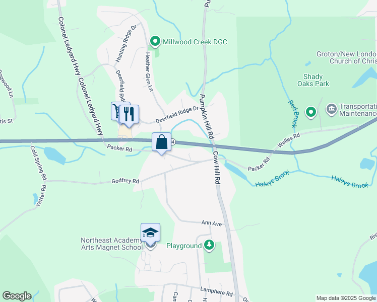 map of restaurants, bars, coffee shops, grocery stores, and more near 2589 Gold Star Highway in Groton