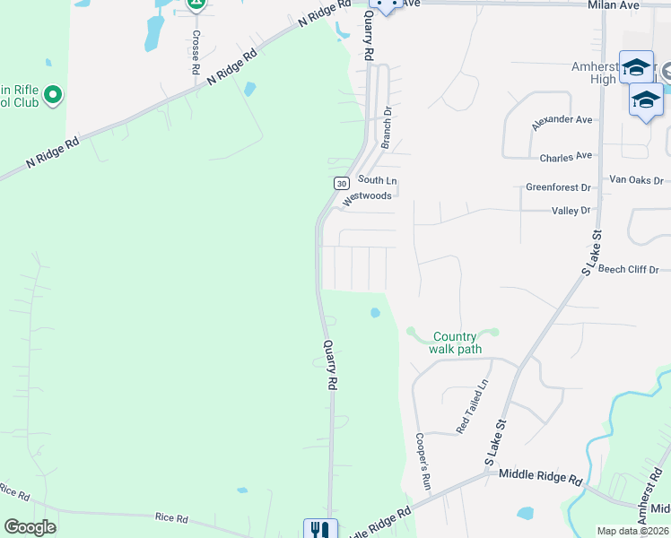 map of restaurants, bars, coffee shops, grocery stores, and more near 7500 County Highway 30 in Amherst