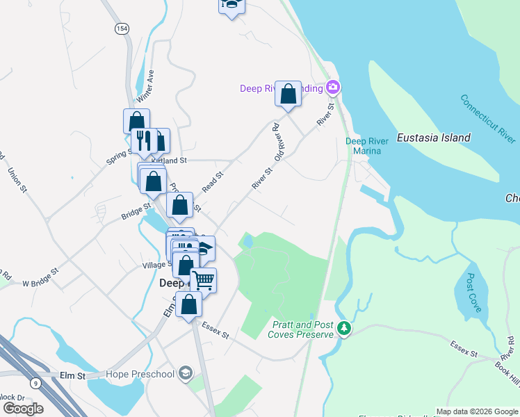 map of restaurants, bars, coffee shops, grocery stores, and more near 12 Fairview Avenue in Deep River