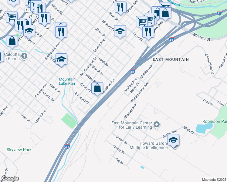 map of restaurants, bars, coffee shops, grocery stores, and more near Interstate 81 in Scranton