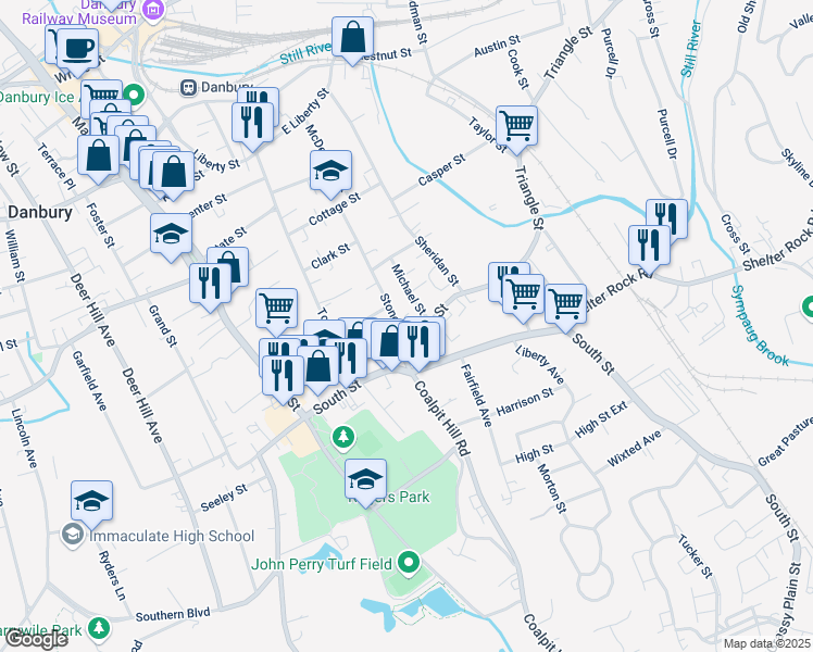 map of restaurants, bars, coffee shops, grocery stores, and more near 10 Michael Street in Danbury