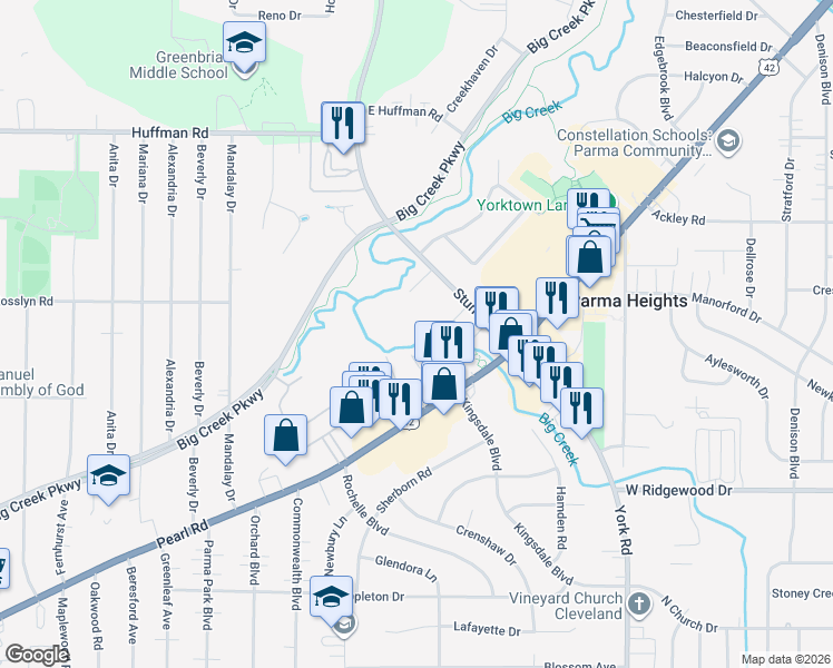 map of restaurants, bars, coffee shops, grocery stores, and more near 6350 Stumph Road in Cleveland