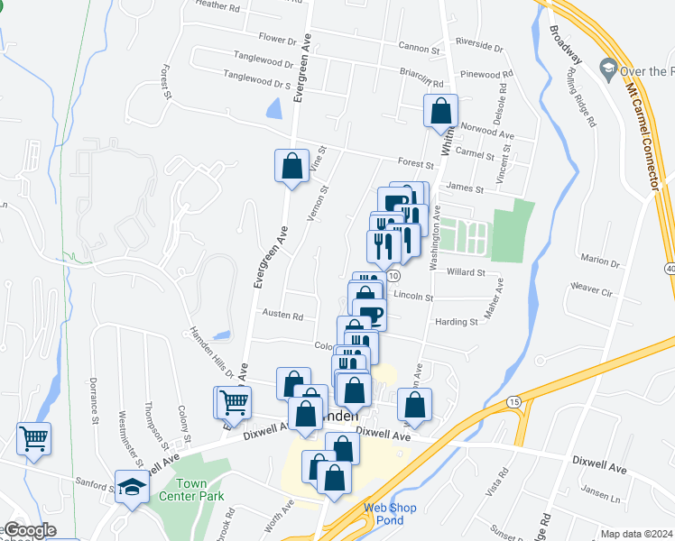 map of restaurants, bars, coffee shops, grocery stores, and more near 120 Highland Avenue in Hamden