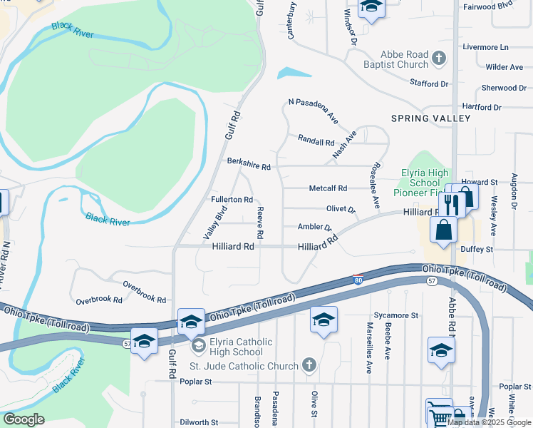 map of restaurants, bars, coffee shops, grocery stores, and more near 999 Reeve Road in Elyria