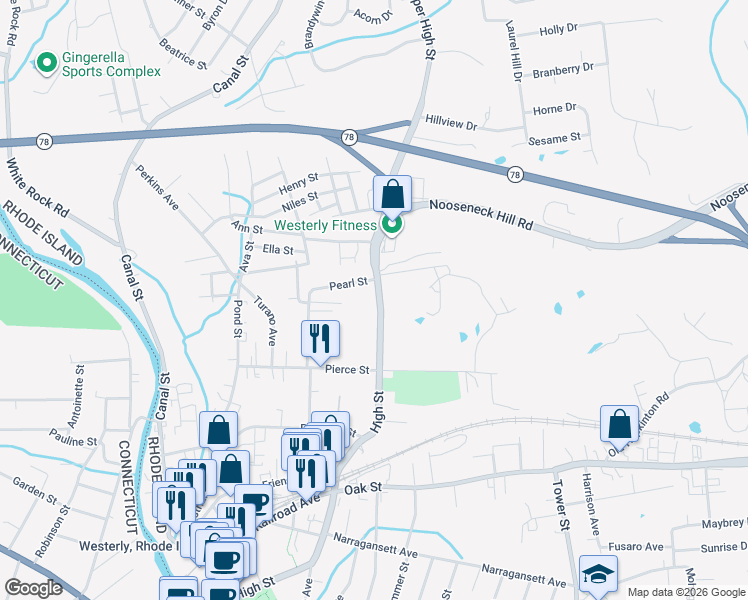 map of restaurants, bars, coffee shops, grocery stores, and more near 202 High Street in Westerly