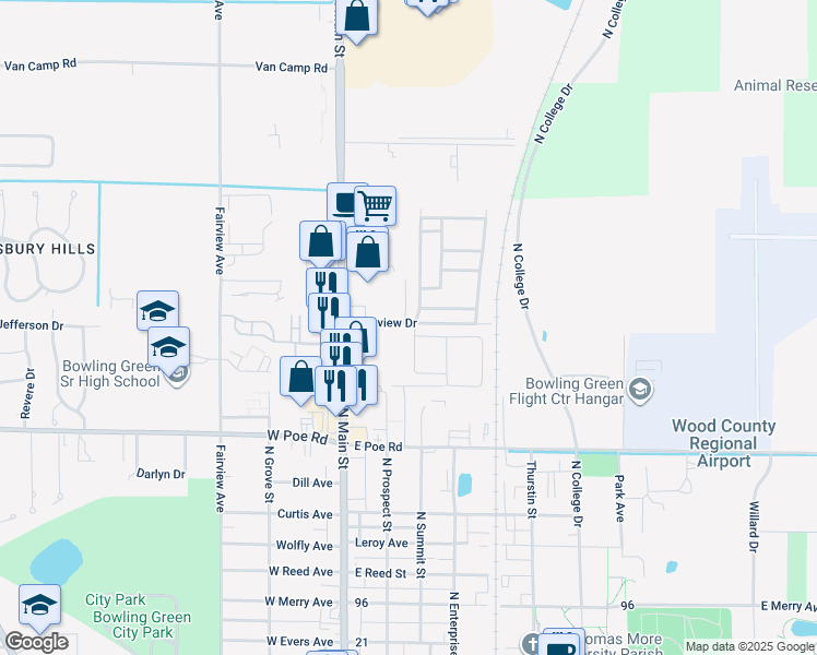 map of restaurants, bars, coffee shops, grocery stores, and more near 1048 North Main Street in Bowling Green