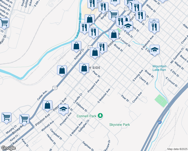 map of restaurants, bars, coffee shops, grocery stores, and more near 530 Pear Street in Scranton