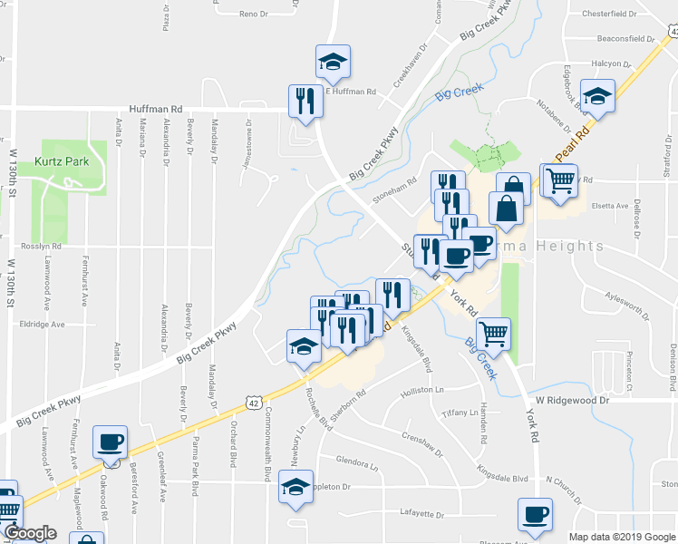 map of restaurants, bars, coffee shops, grocery stores, and more near 6340 Stumph Road in Parma Heights