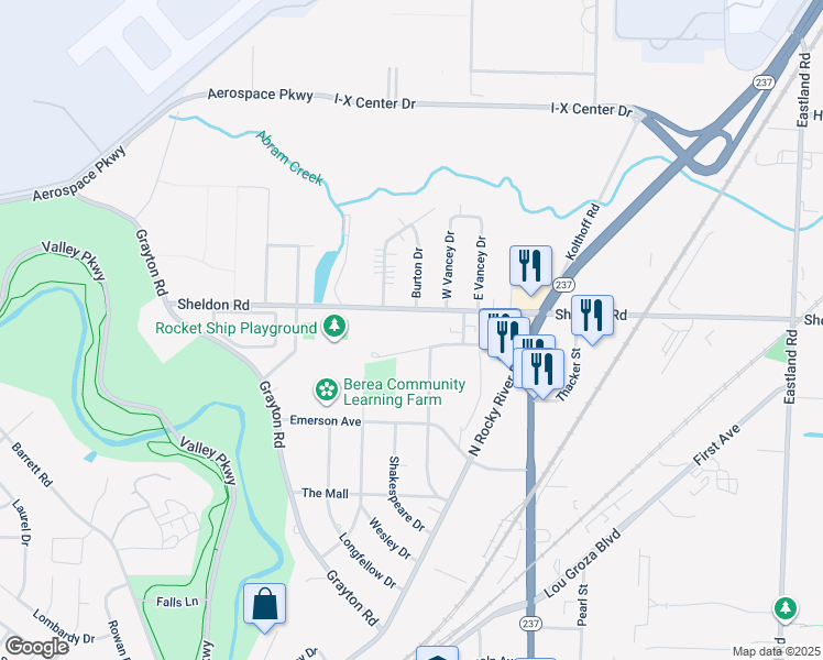 map of restaurants, bars, coffee shops, grocery stores, and more near 15 Sheldon Road in Berea